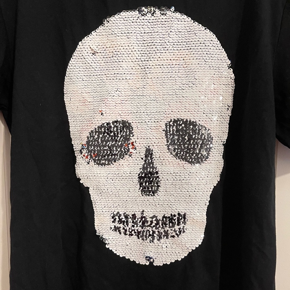 Zara Man T-shirt Sequin B/W or Flower Skull S